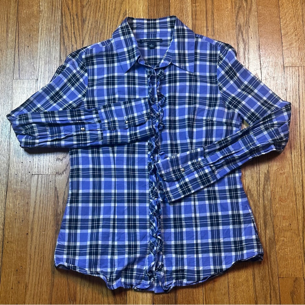 Banana Republic Plaid Ruffle Button Up Long Sleeve Shirt Womens Size Small